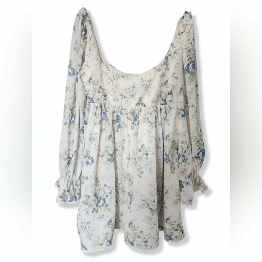 Altar'd State Fern Floral Mini Dress Ivory Blue Babydoll Puff Sleeve Cottagecore - Picture 3 of 14